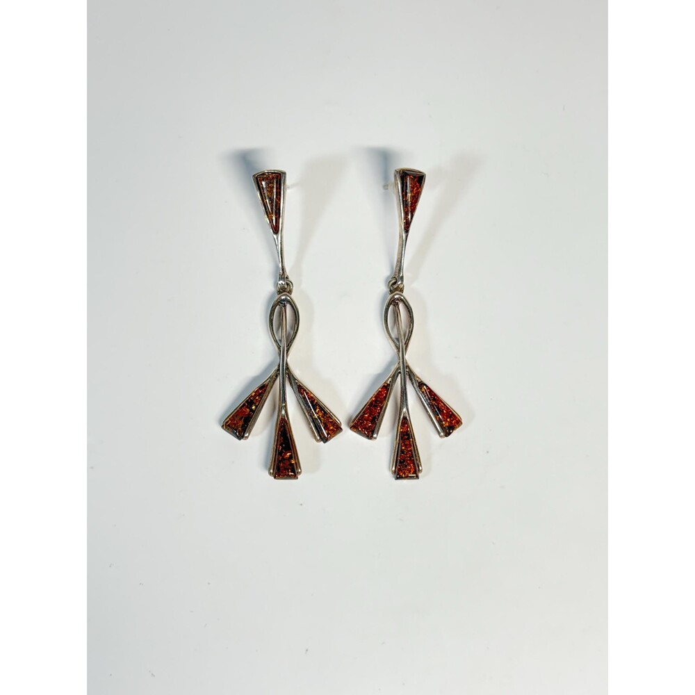 Sterling Silver Baltic Amber Drop Earrings Long Dangle Honey Amber Modern 2.375